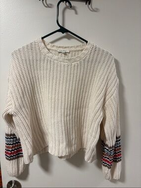 Z Supply Cream Crewneck Sweater with Multicolor Striped Sleeves